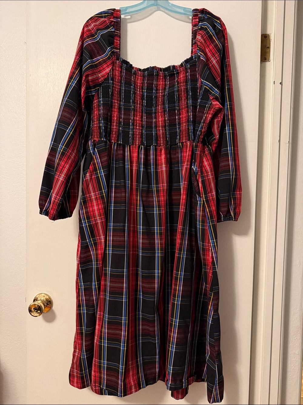 Draper James 2X Plus Holiday Tartan Plaid Smocked Midi Dress Red Black Blue Prep